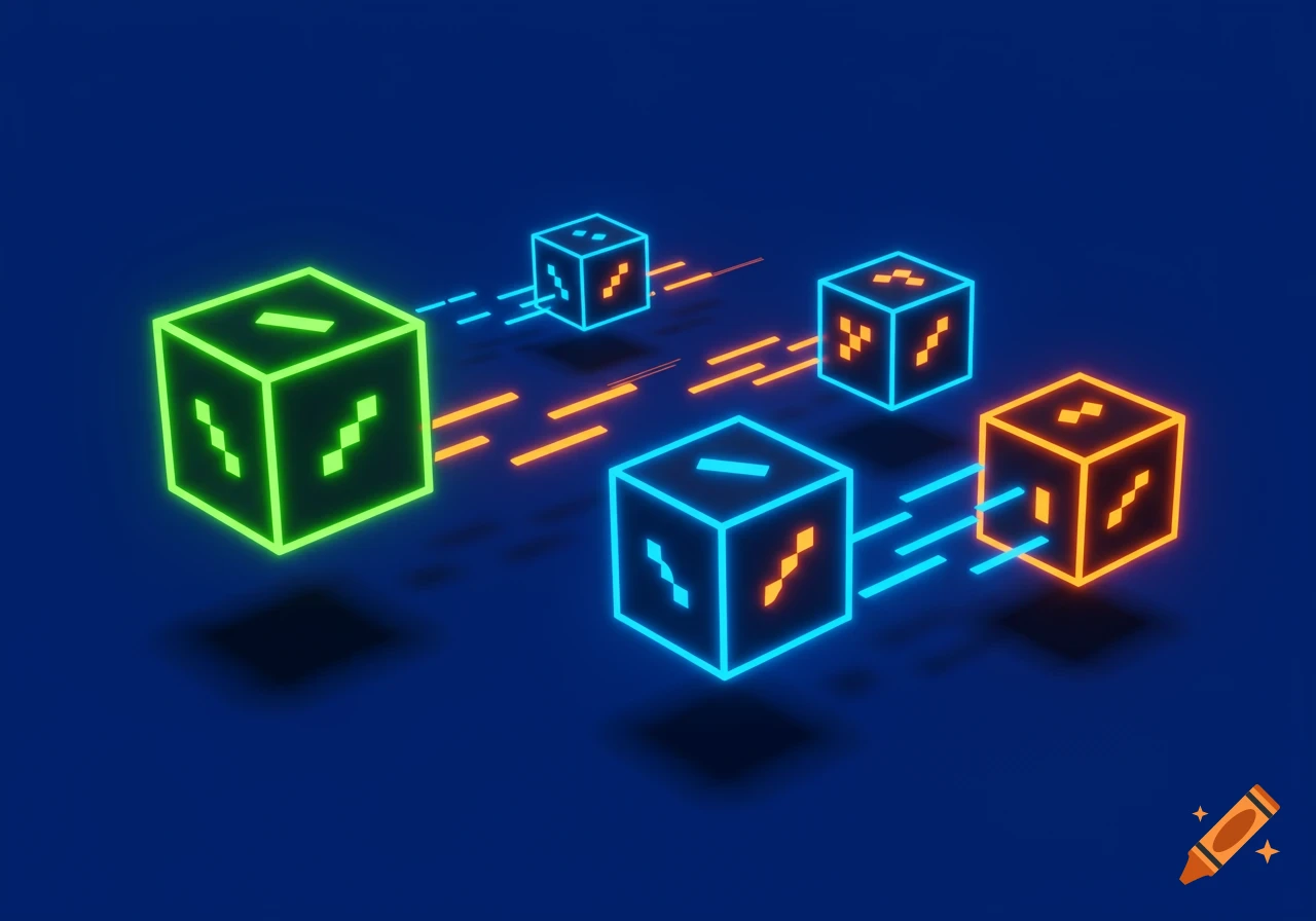 Abstract digital art of glowing neon cubes connected by light trails on a dark blue background, resembling a video game design.