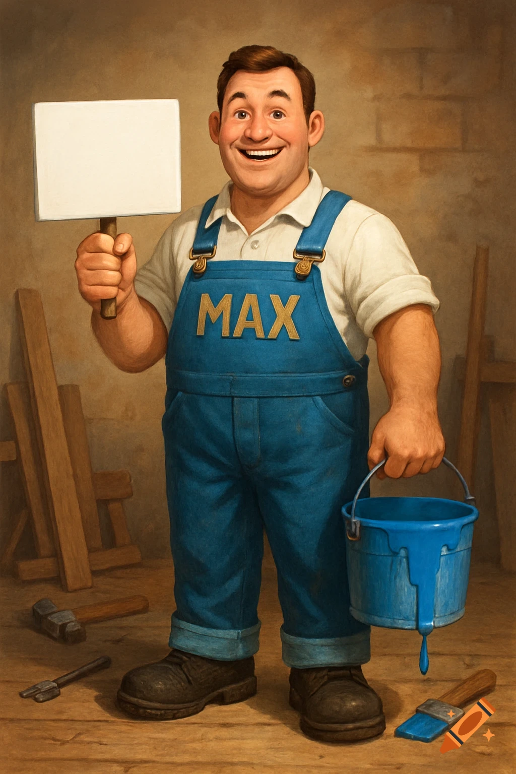 An illustration of a smiling man in blue overalls with 'MAX' on them, holding a blank sign and a blue paint bucket.