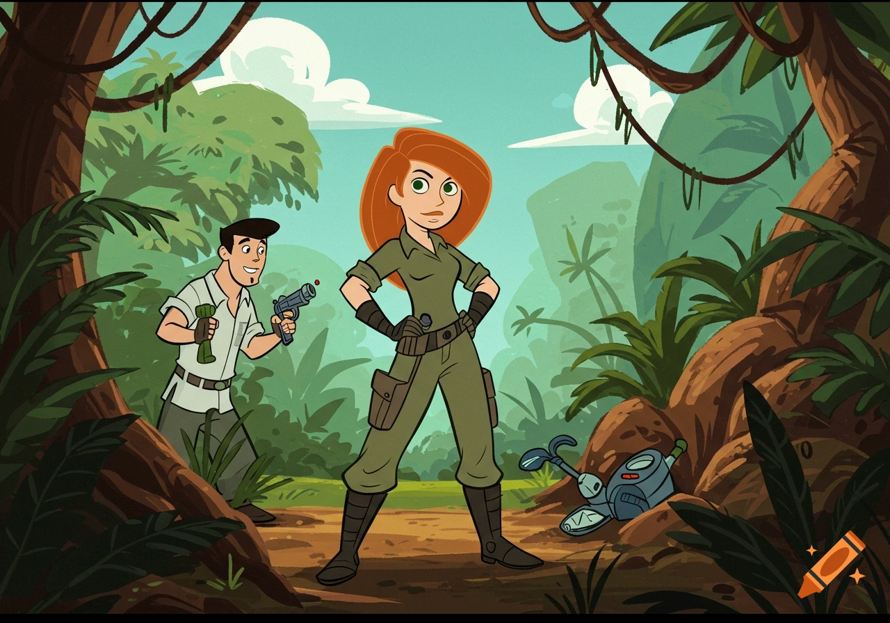Kim Possible and Ron Stoppable in a cartoon jungle adventure, with Kim standing confidently and Ron holding a laser gun.