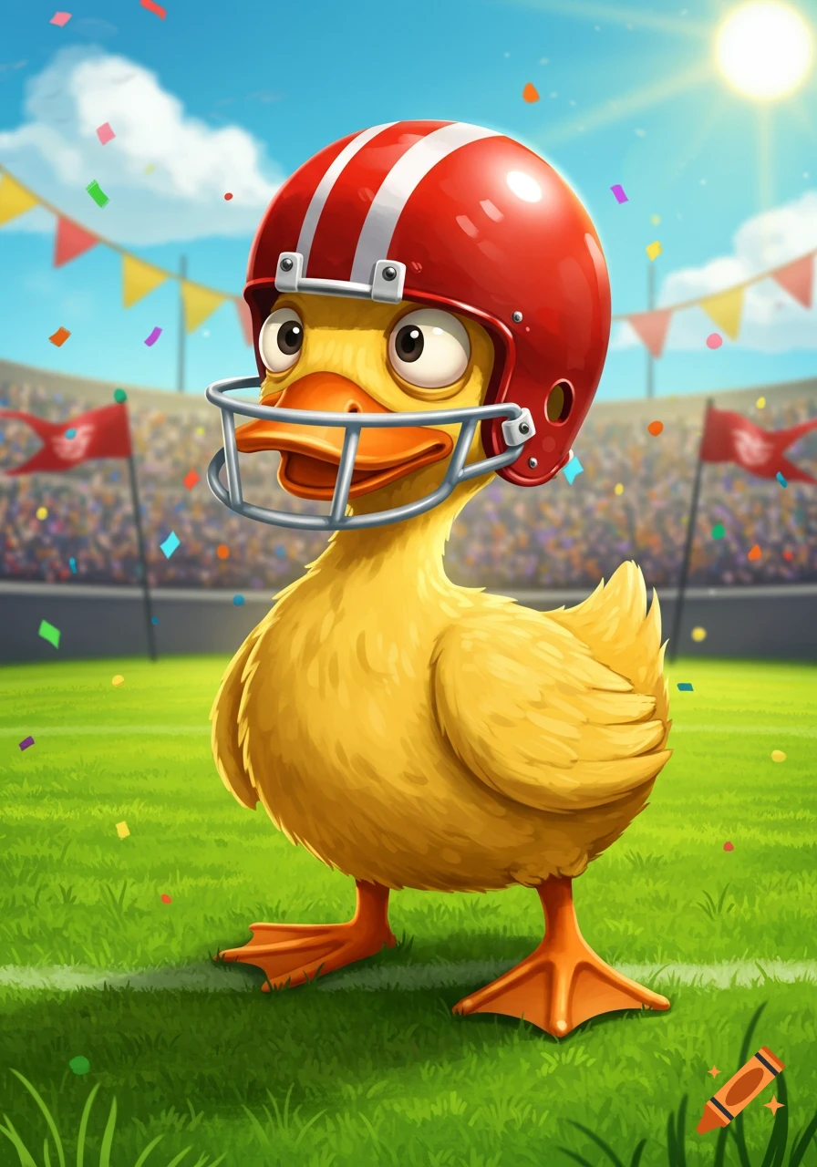 A cartoon duck in a red football helmet stands on a green football field with a stadium background.