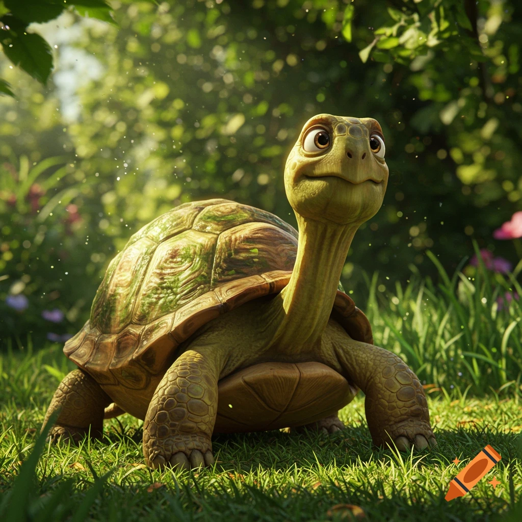 A cute, smiling cartoon turtle with large eyes in a sunny green garden, with lush foliage and sparkling light in the background.