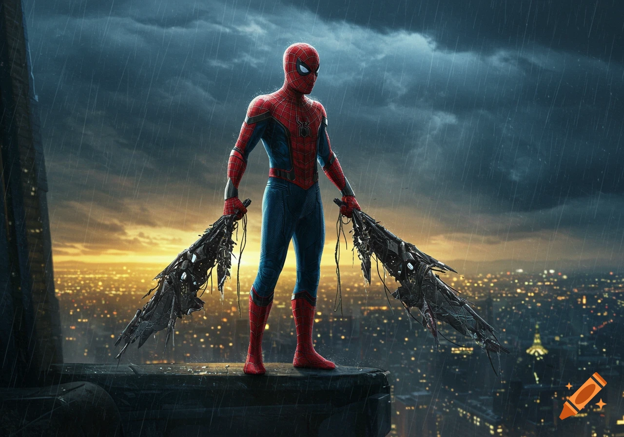 Spider-Man in a red and blue suit stands on a skyscraper ledge, holding two damaged mechanical wings over a rainy city at sunset.