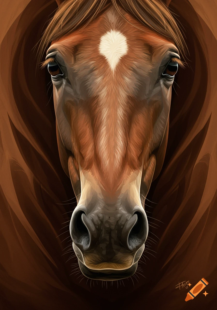 Close-up artistic portrait of a brown horse's face with a white diamond-shaped blaze on its forehead, against a dark background.