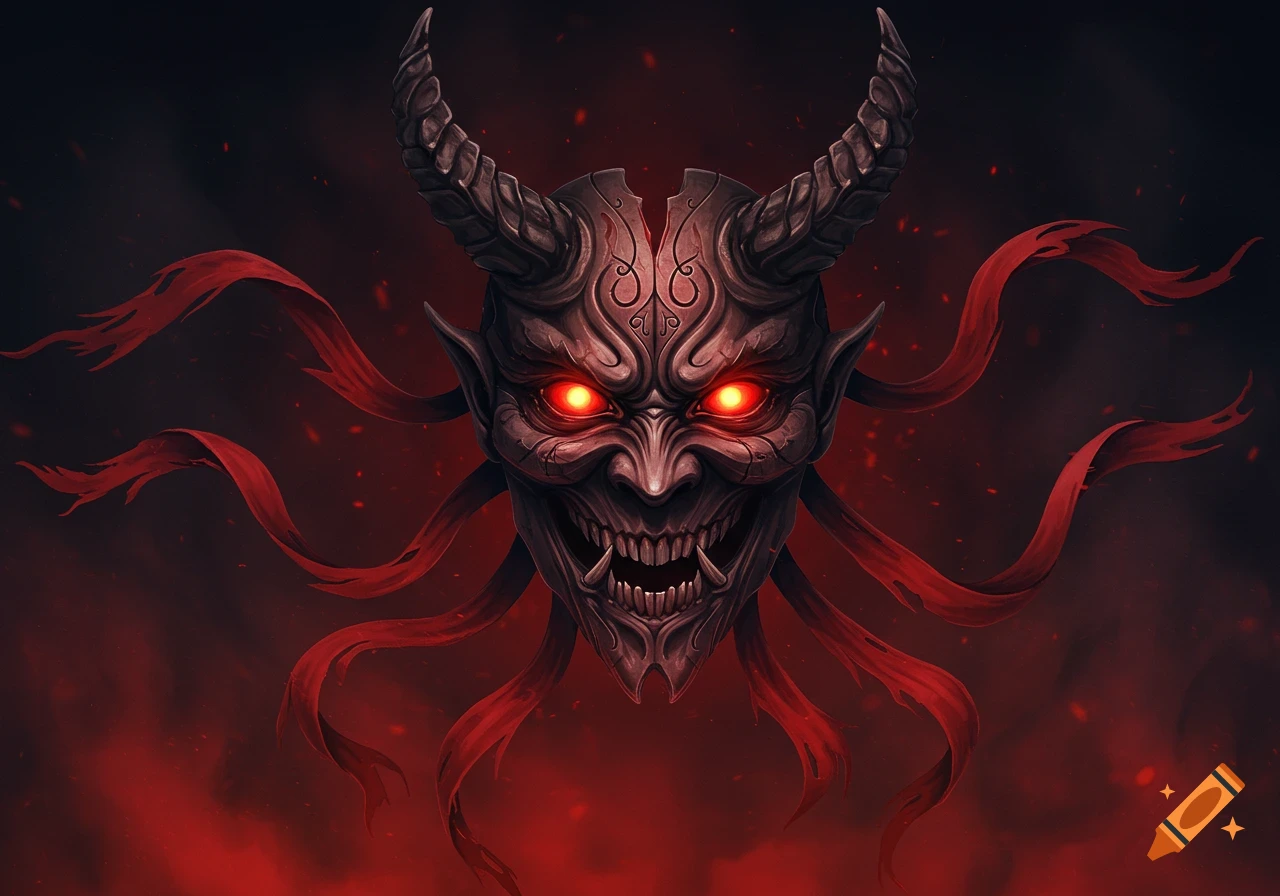 A horrifying, stylized demonic mask with glowing red eyes and sharp teeth, surrounded by ripped red ribbons, on a dark red smoky background.