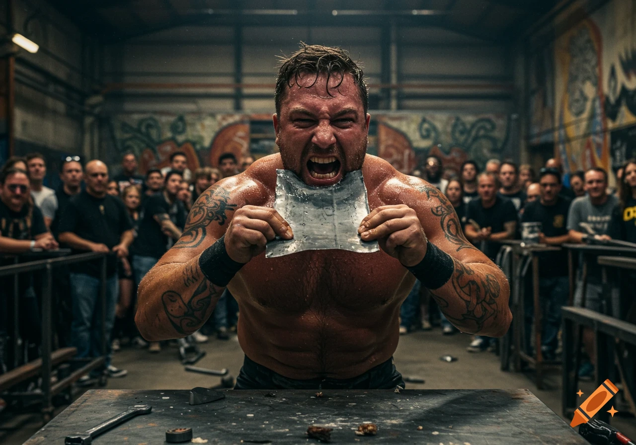 A very muscular man with tattoos and a beard intensely tears a piece of metal with his teeth in a gritty warehouse setting, with a crowd watching in the background, photorealistic style.