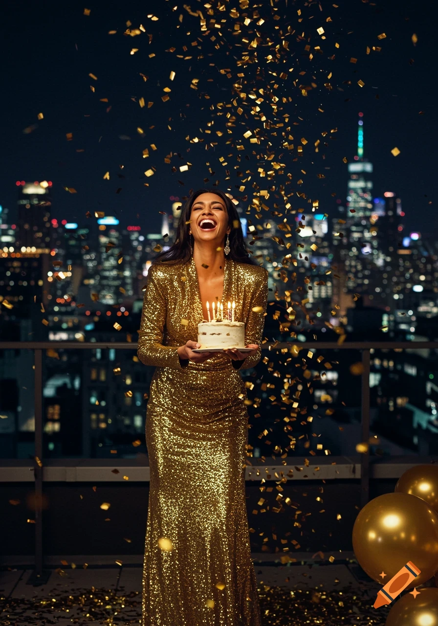 Smiling woman in a golden sequin dress holds a birthday cake as confetti falls on a rooftop with a city skyline at night. Photorealistic.