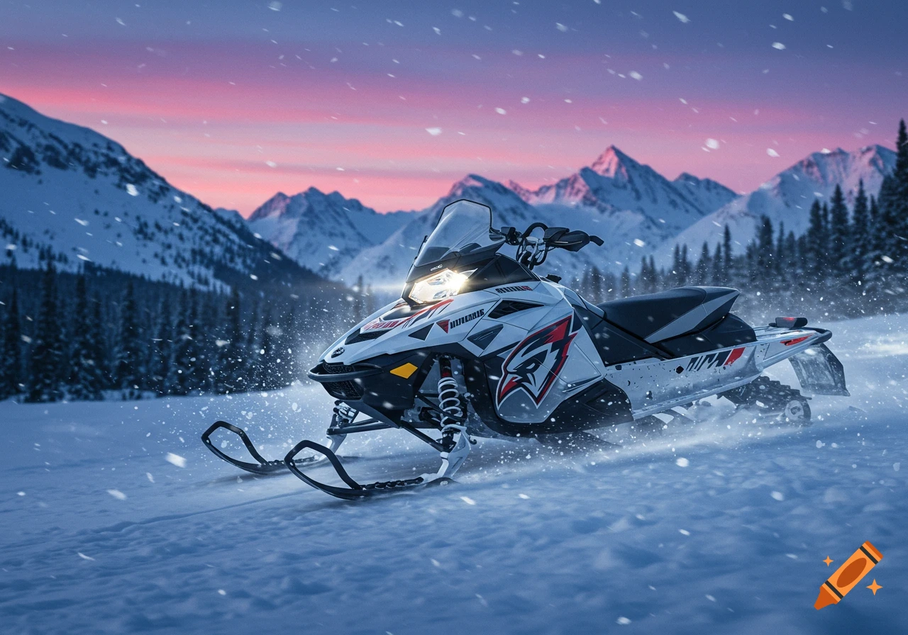 A white and black snowmobile with a red football logo sits on a snowy trail in front of mountains at sunset with snow falling.