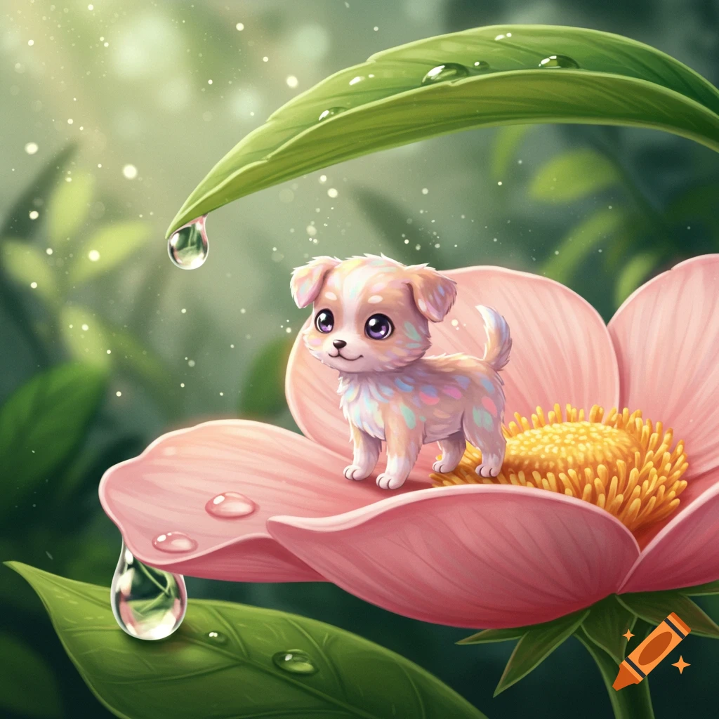 A tiny, colorful puppy with large eyes stands on a giant pink flower petal with water drops, under a large green leaf, in a whimsical, glowing forest scene.