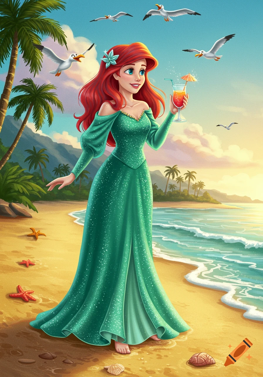 Cartoon Ariel with red hair and green dress holds a cocktail on a sunny tropical beach with palm trees and seagulls.