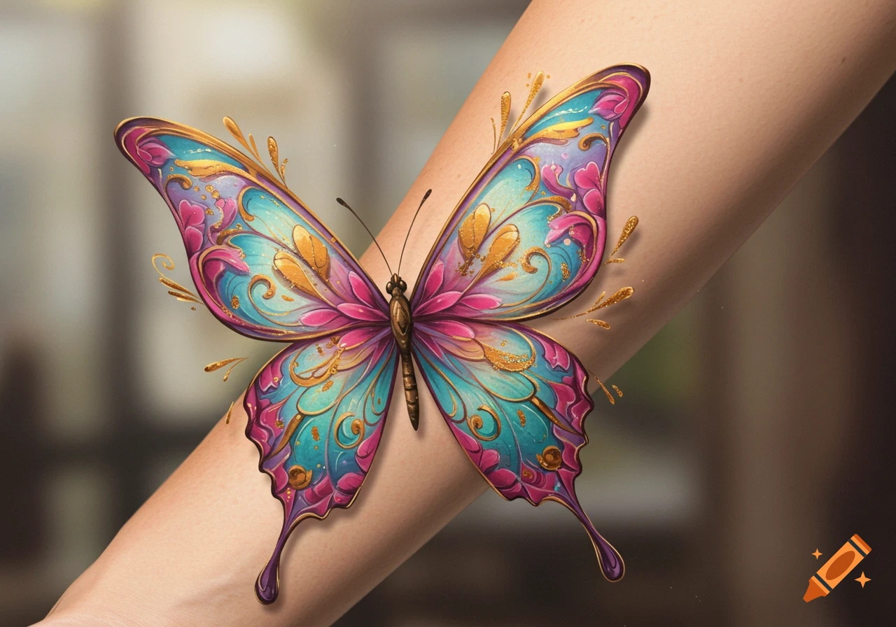 A vibrant, ornate butterfly tattoo with teal, pink, and gold details on a forearm.
