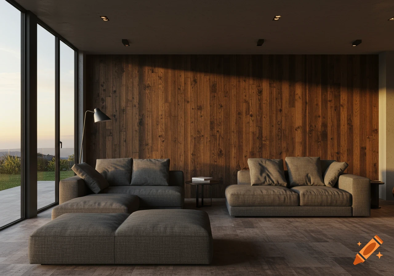A modern living room with gray sofas, an ottoman, and a dark wood plank wall, lit by a large window.