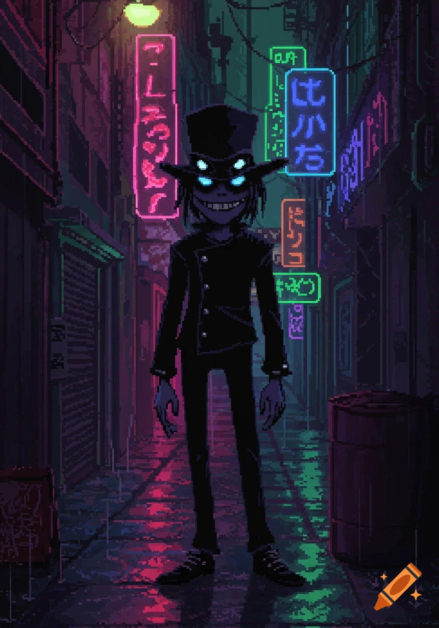 Pixel art of a four-eyed character in a black suit standing in a rainy cyberpunk alley with neon signs.