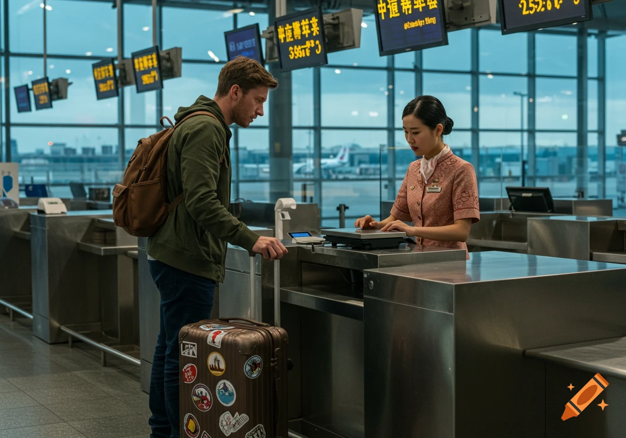 A male traveler checks his luggage at an airport check-in desk with a female staff member.