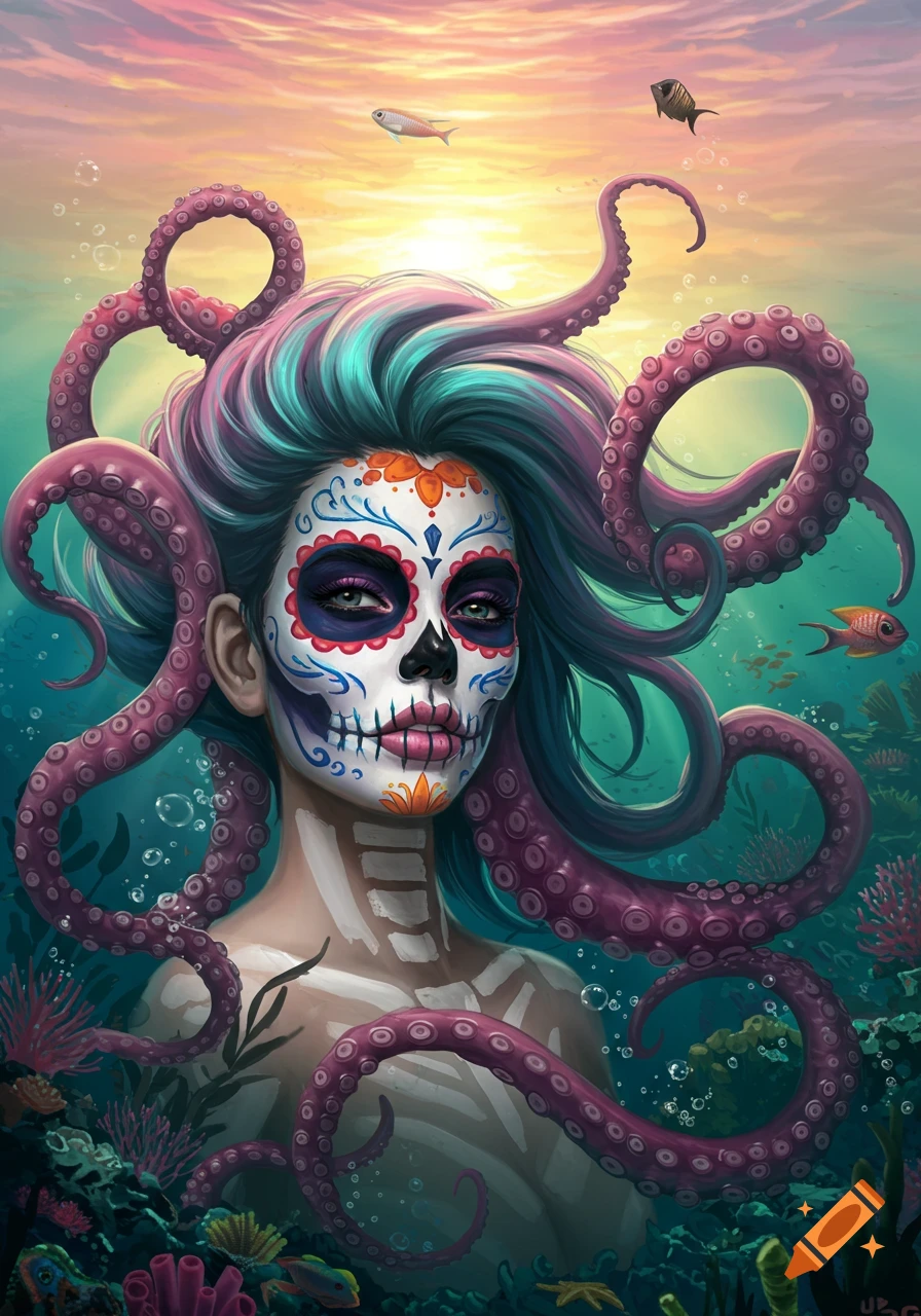 Fantasy art of a woman with colorful sugar skull makeup, teal and pink hair, and octopus tentacles, underwater at sunset.