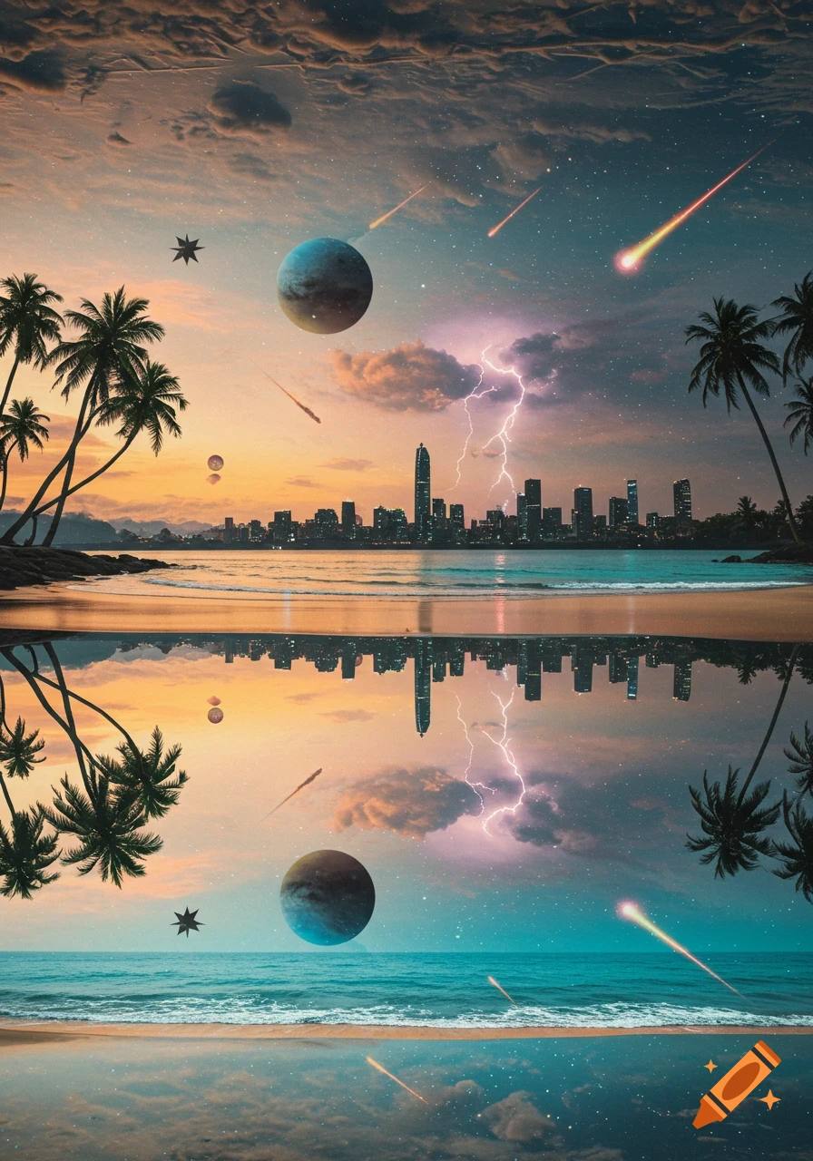 A surreal landscape featuring a beach, palm trees, and city skyline, with planets, meteors, and lightning in a starry sunset sky, vertically mirrored.