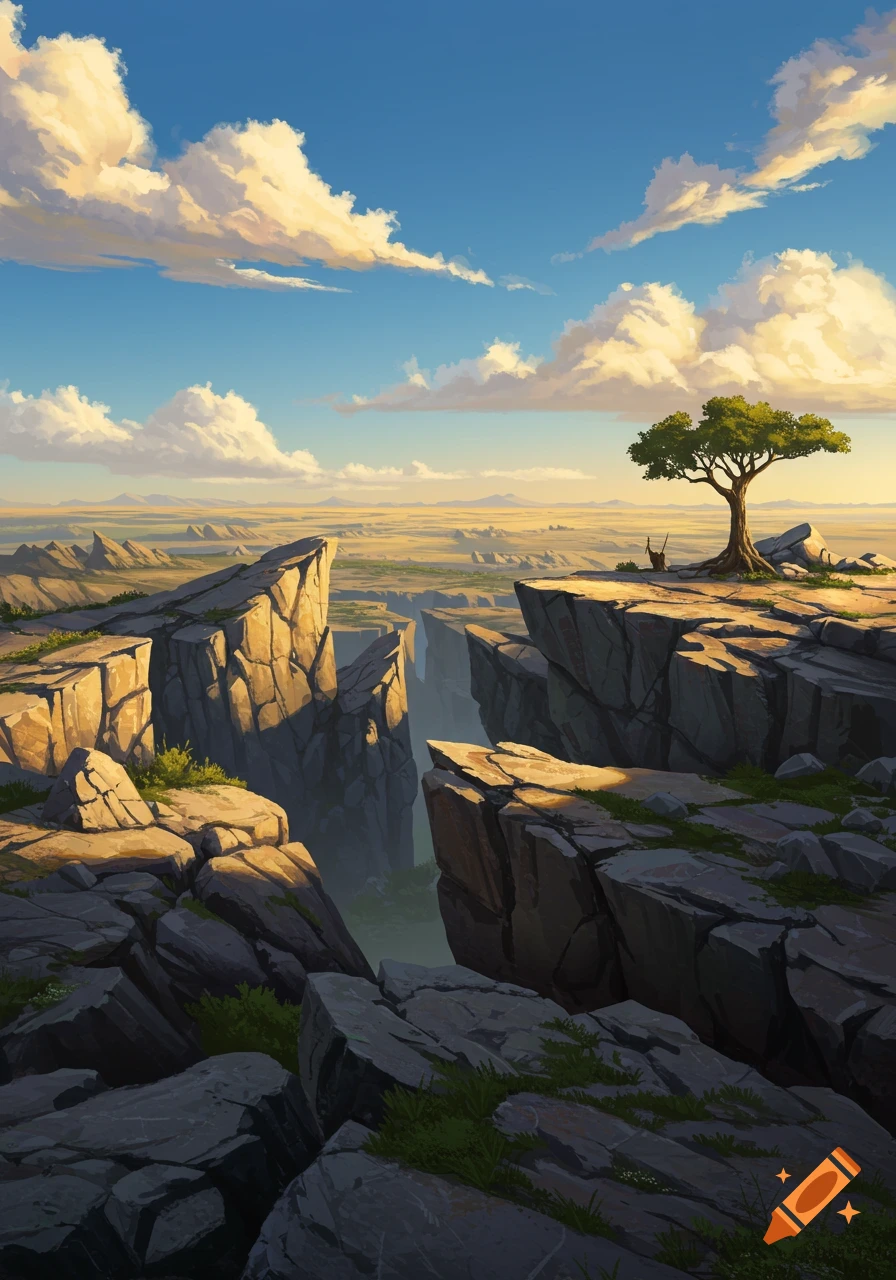 A sunny landscape with rugged cliffs, a deep canyon, and a lone tree on a plateau under a blue sky with clouds.