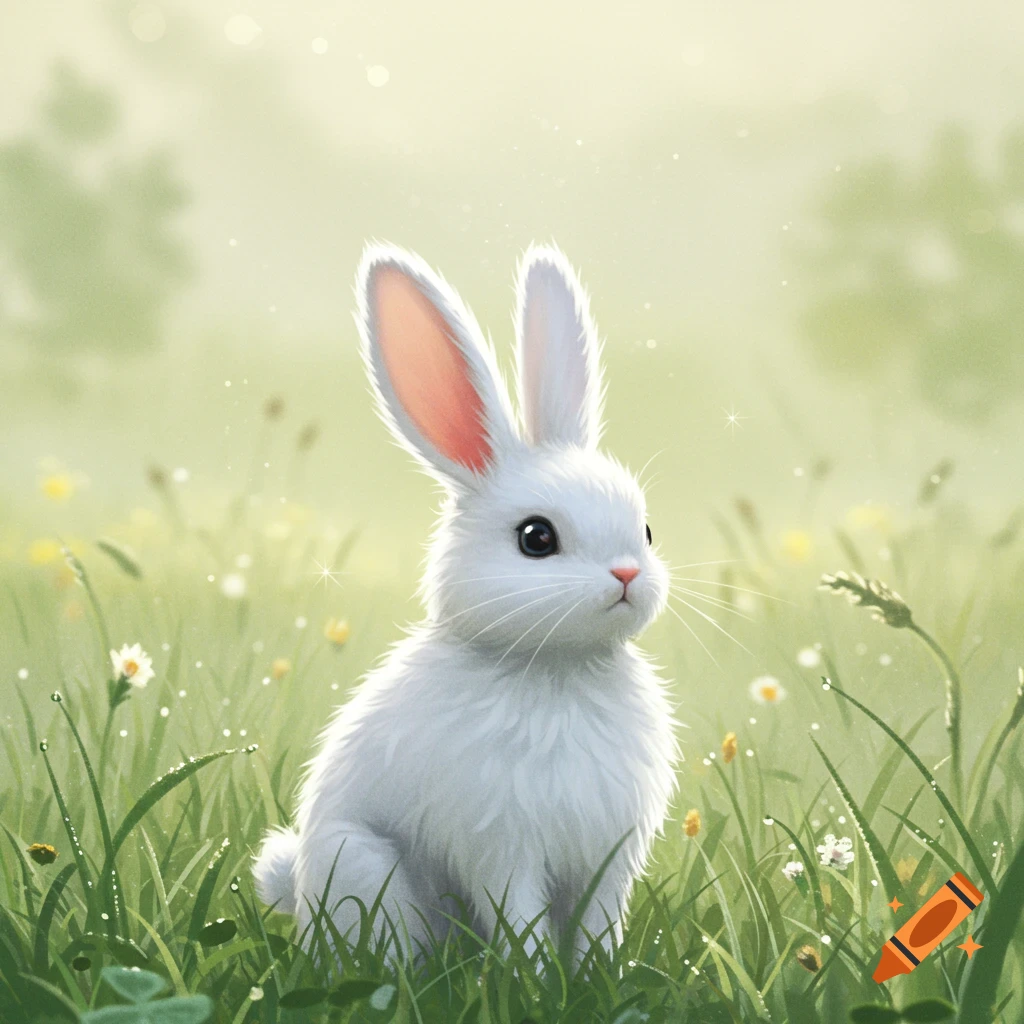 A cute white bunny sitting in a grassy field with small flowers under soft, bright lighting.