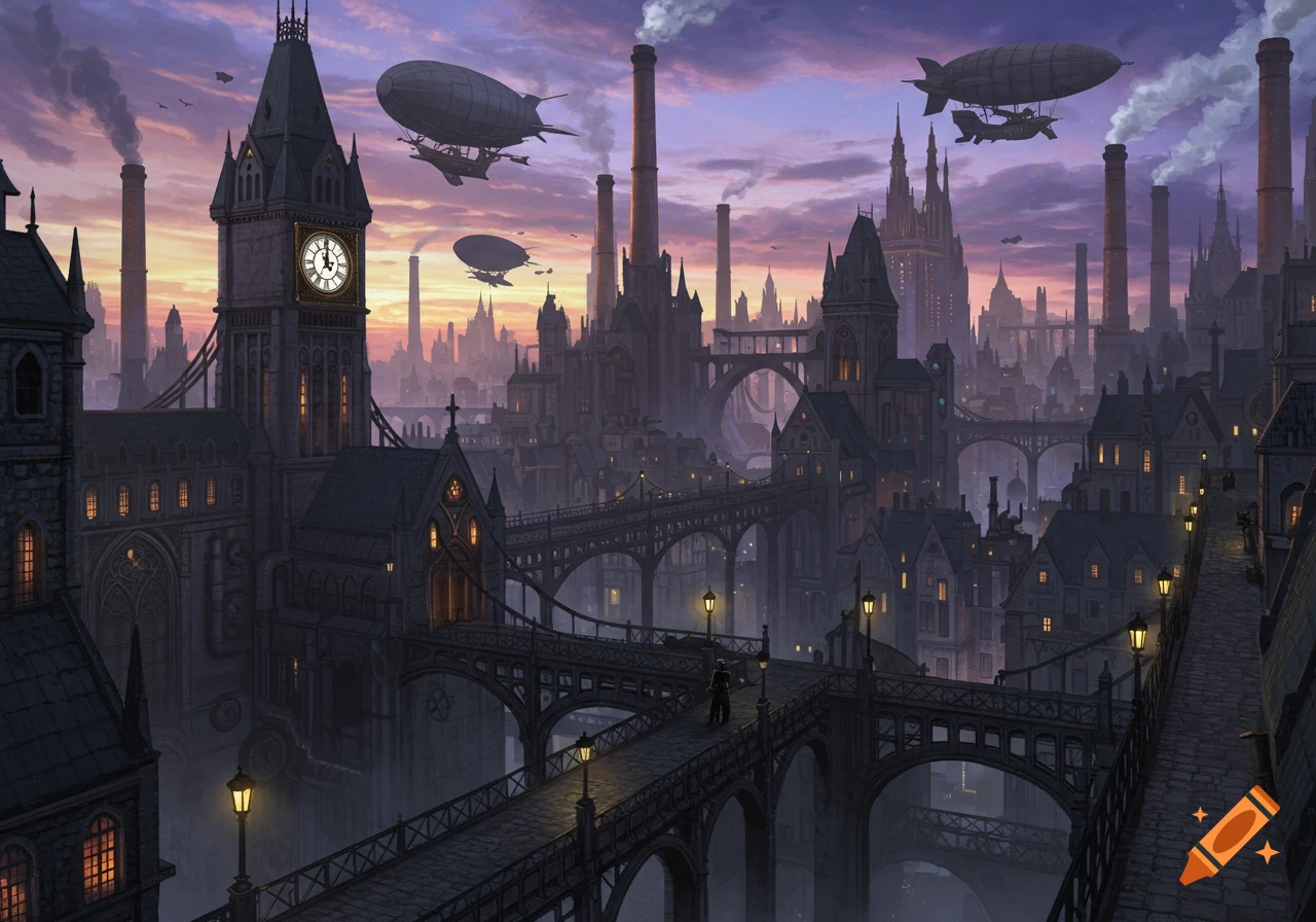 A sprawling steampunk city with gothic architecture, industrial chimneys, arched bridges, and airships under a twilight sky.