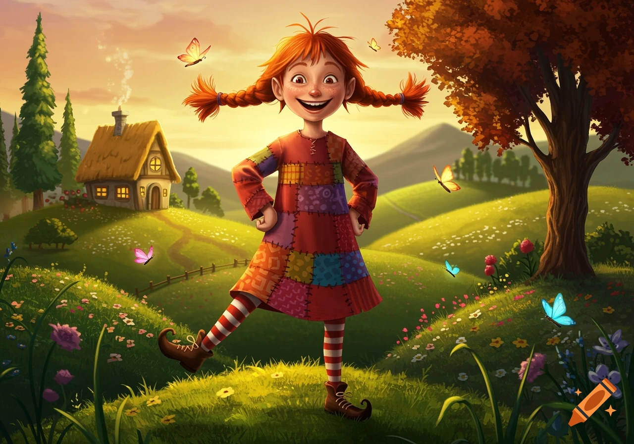 A cheerful red-haired girl with braided pigtails in a patchwork dress stands in a vibrant, sunlit green field with a house and trees, surrounded by colorful butterflies.