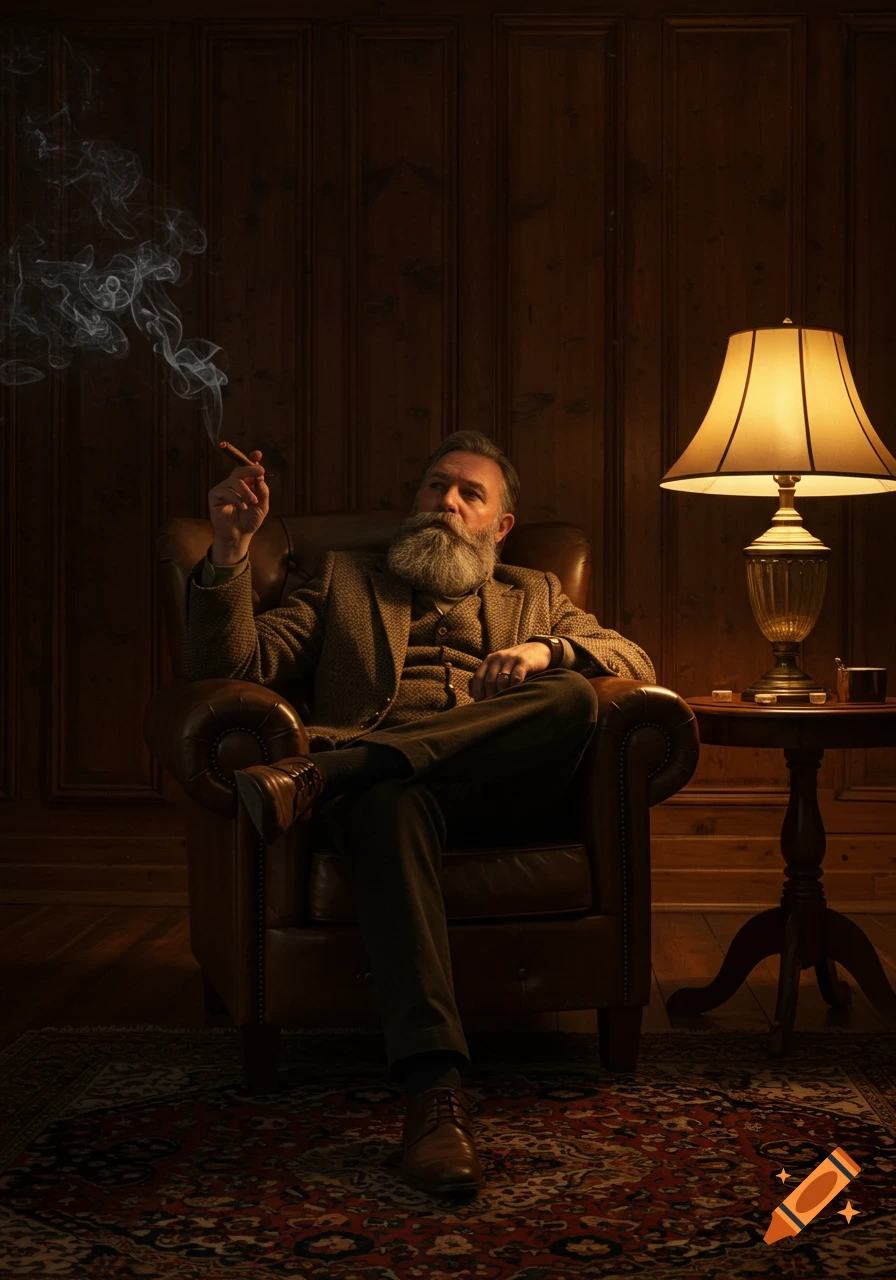 A bearded man in a tweed suit sits in a leather armchair, smoking a cigar in a dimly lit, wood-paneled room. A lit lamp is on a nearby table.