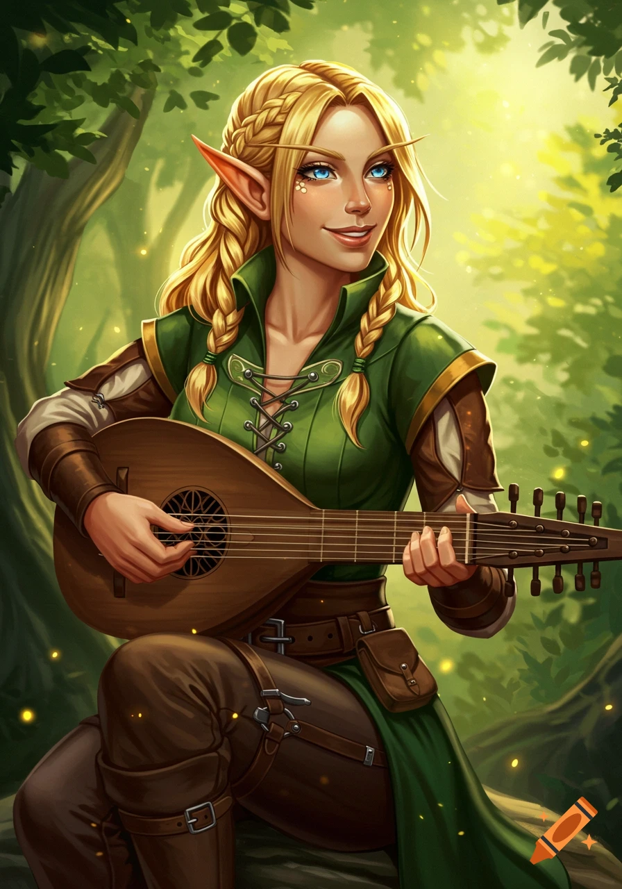 A smiling blonde female elf bard with braided hair plays a lute in a lush fantasy forest.