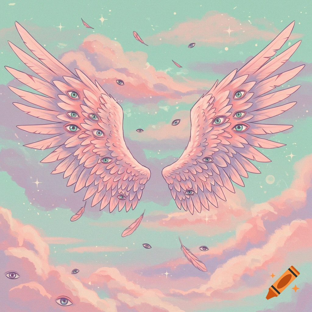 Pink angel wings covered in blue eyes float in a pastel sky with clouds and stars, in a weirdcore illustration style.