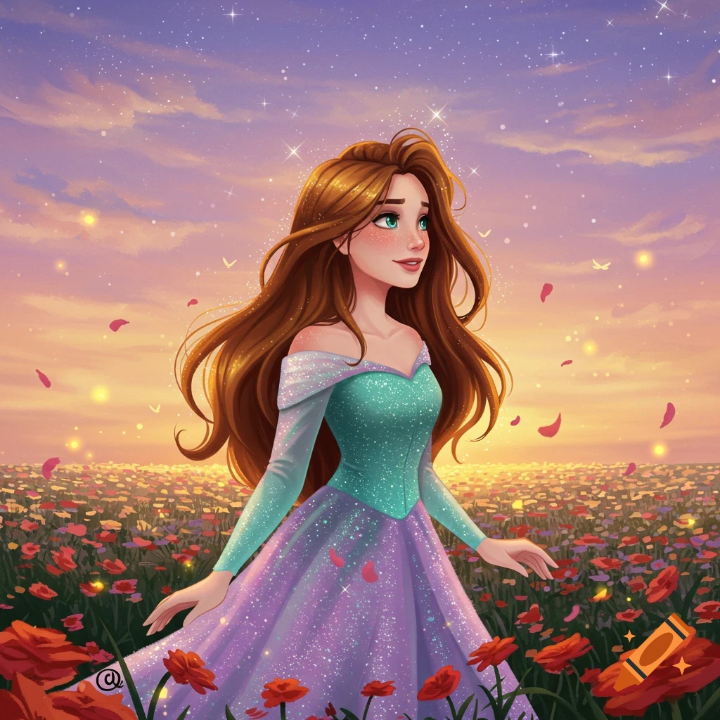 An animated princess with long brown hair stands in a vibrant field of red and purple flowers at sunset, with stars in the sky.