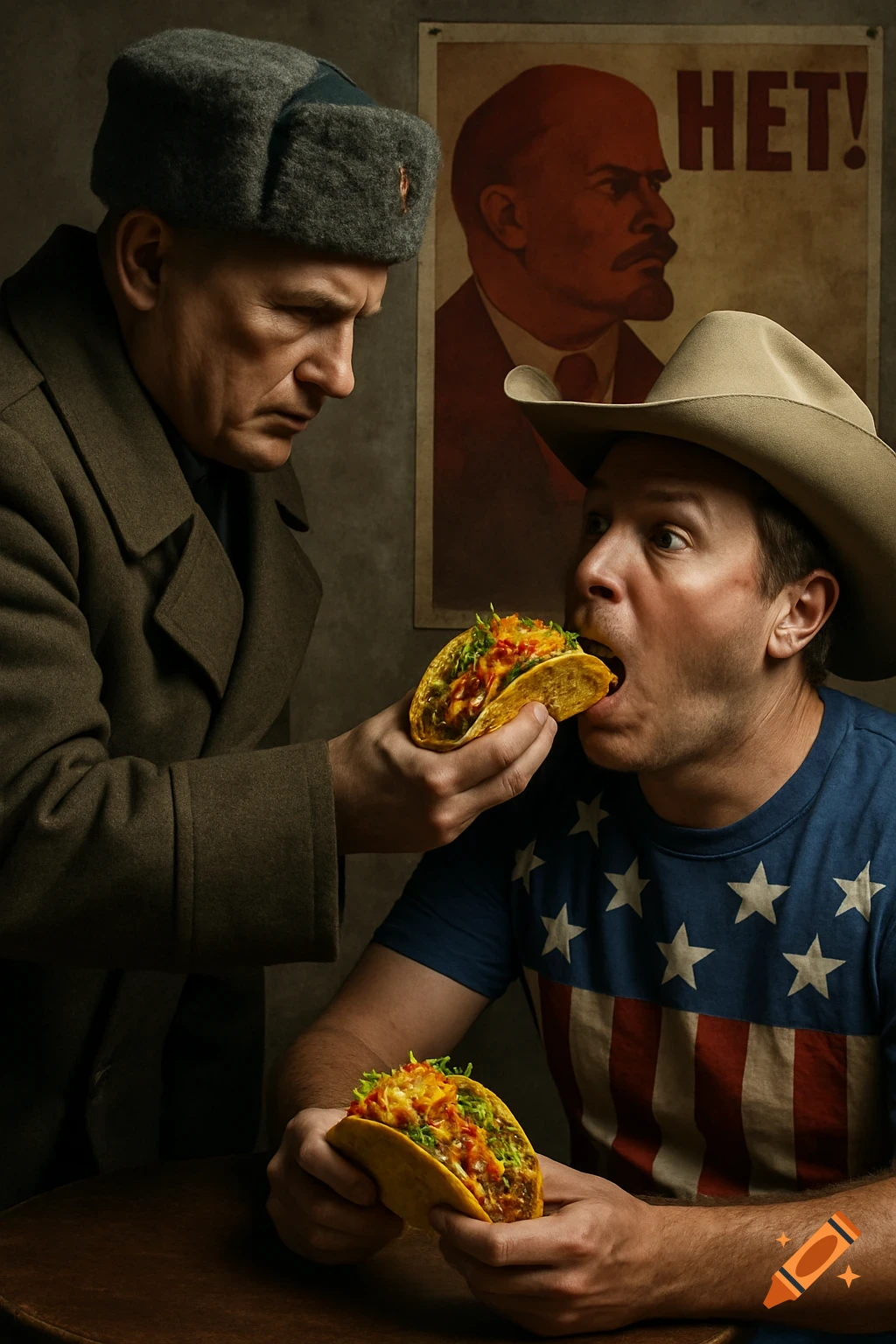 A man in a Soviet coat force-feeds a taco to a man in a US flag shirt and cowboy hat, with a 'HET!' Lenin poster behind them.