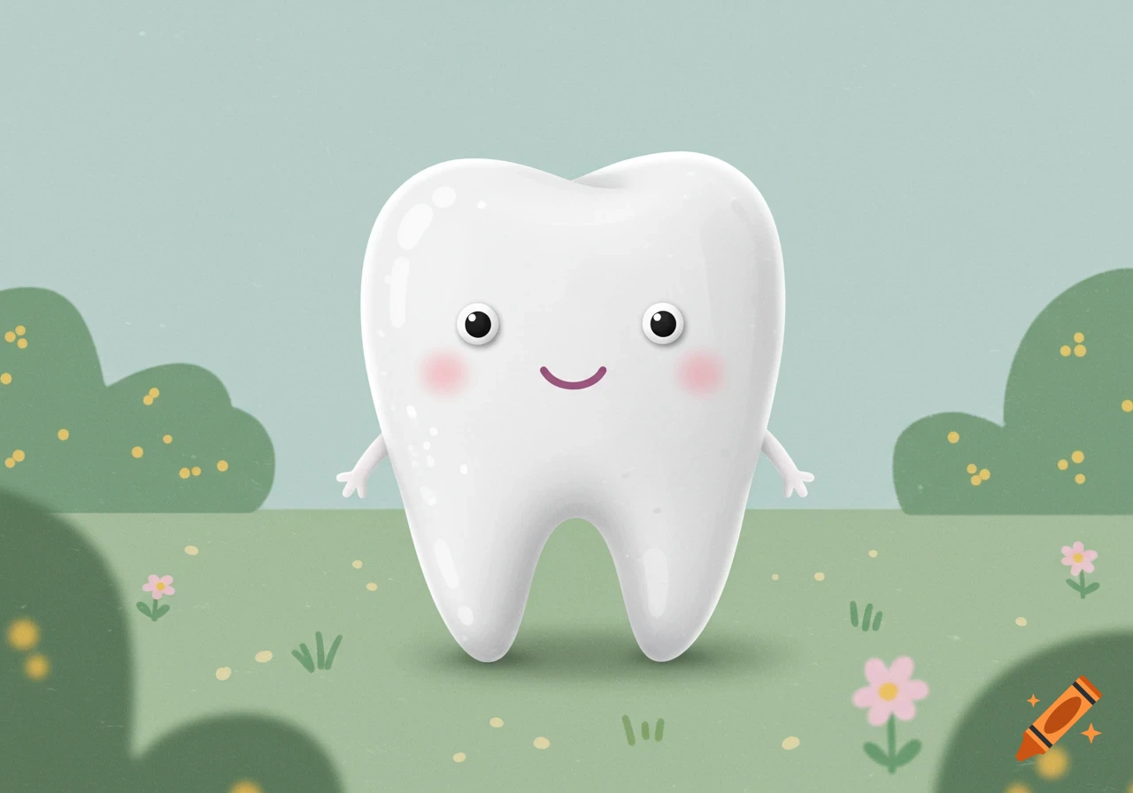 A cute, happy cartoon tooth character with arms, pink cheeks, and a smile stands in a green field with bushes and small flowers.