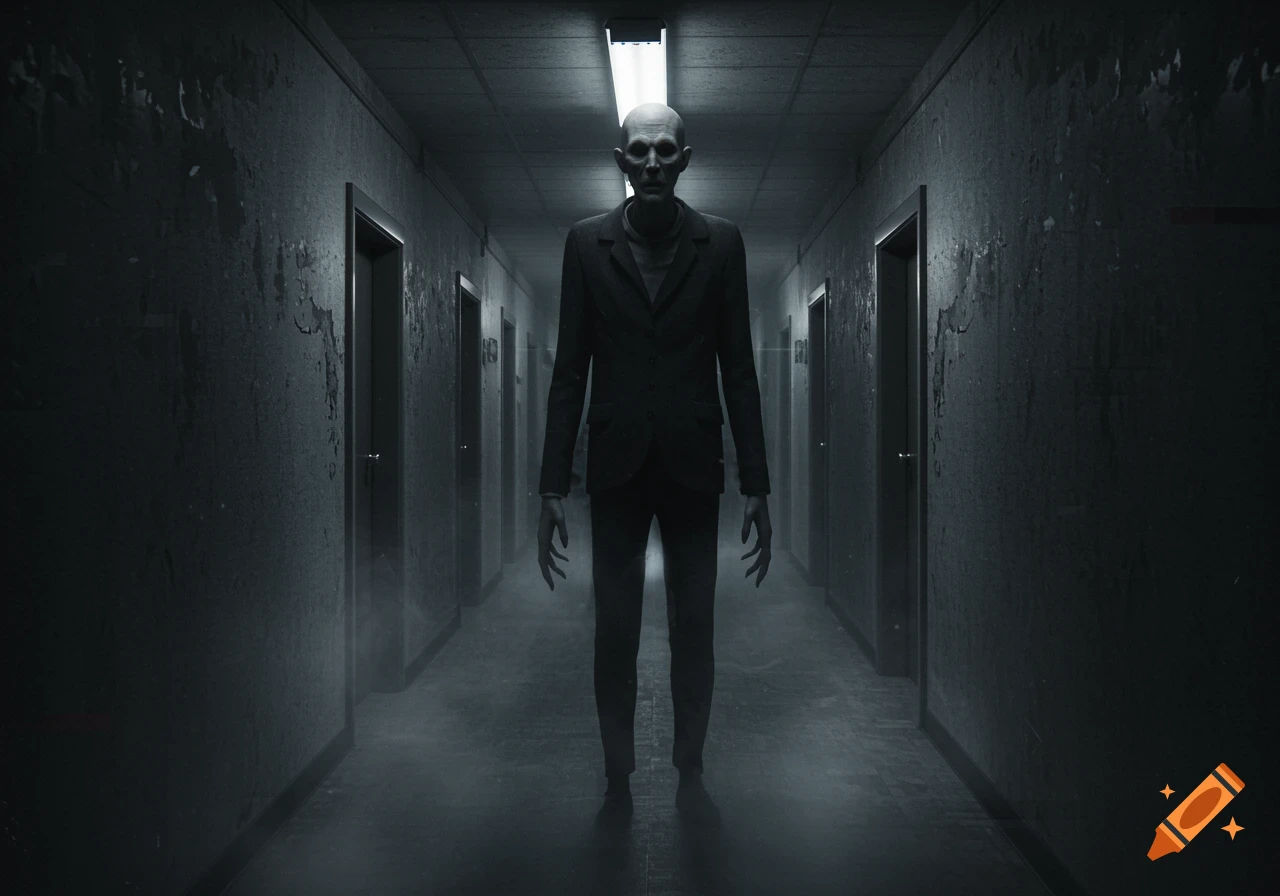 An eerie, pale man with elongated features stands in a dark, grainy, abandoned hallway, reminiscent of VHS footage.