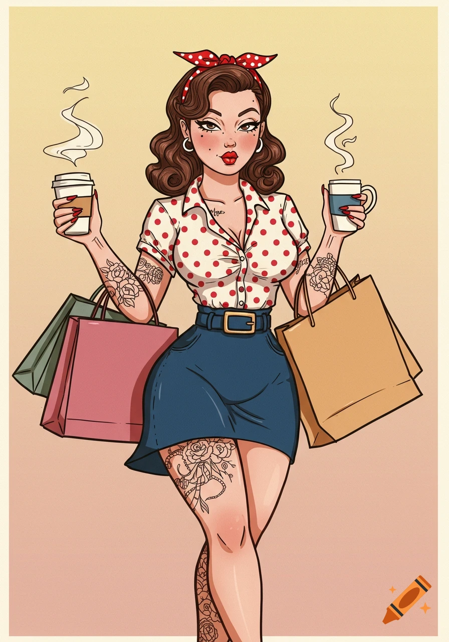 A pin-up style woman with cat eyeliner and tattoos holds two coffee cups and shopping bags. Stylized illustration.