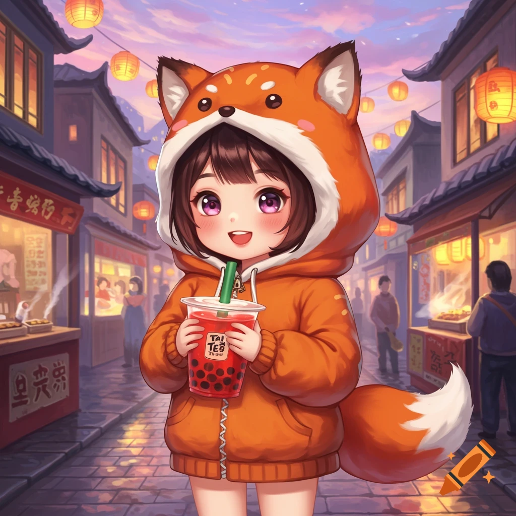 A cute anime girl in an orange fox hoodie smiles, holding a red bubble tea cup on a vibrant, lantern-lit Chinese street.
