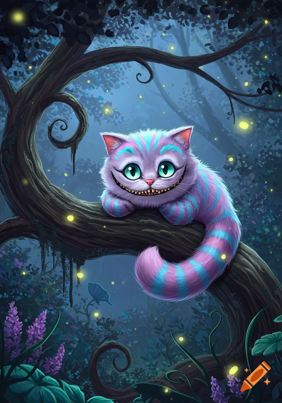 A smiling purple and blue striped Cheshire cat with glowing green eyes sits on a tree branch in a dark, magical forest with fireflies.