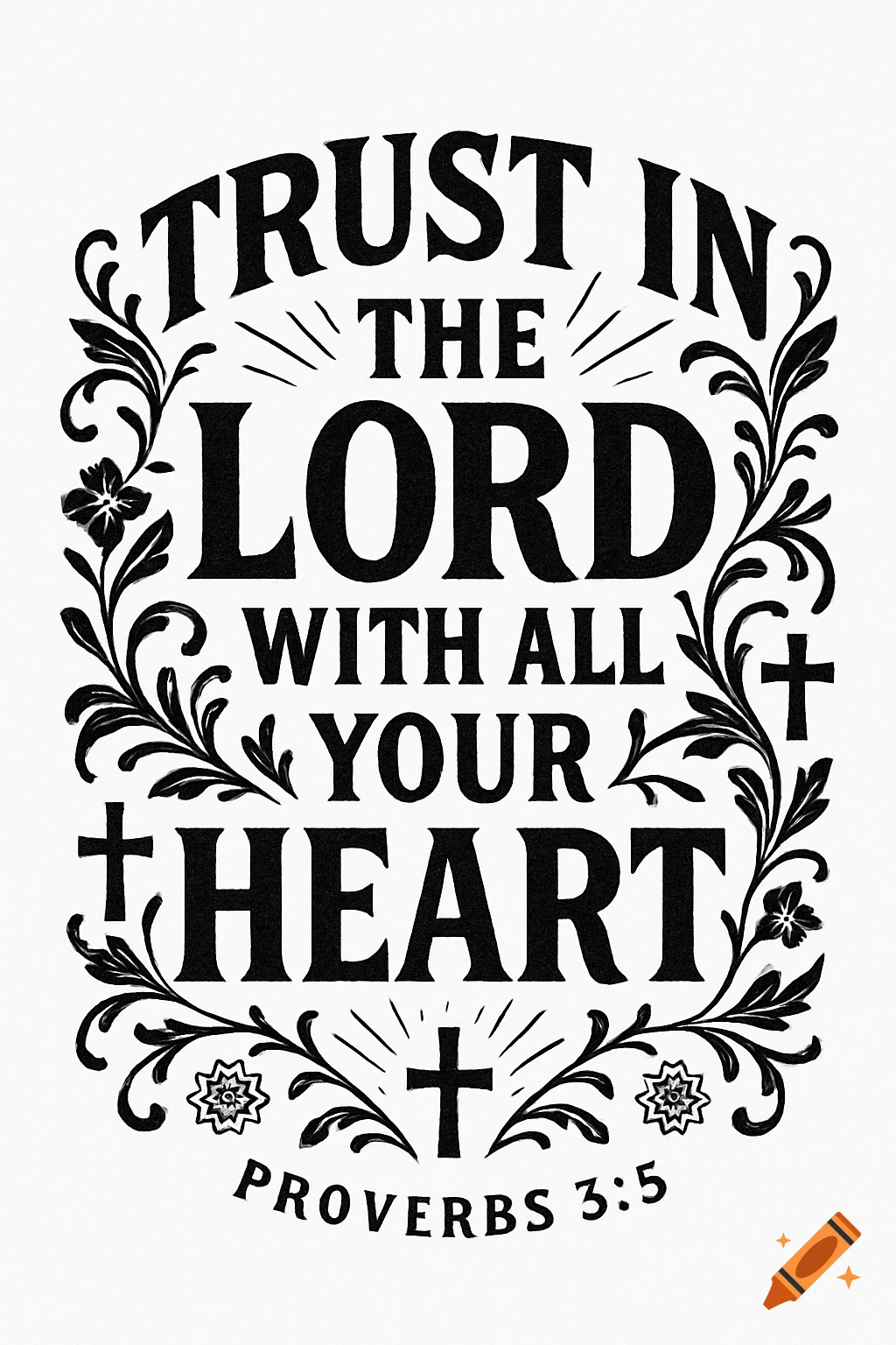 Black and white decorative text design featuring the Bible verse 'Trust in the Lord with all your heart. Proverbs 3:5' with floral accents and crosses.