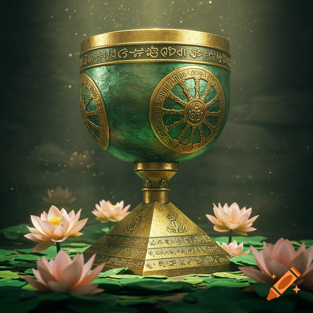 A mystical green and gold holy grail cup with Dharma Wheel engravings, surrounded by blooming pink lotus flowers on water.