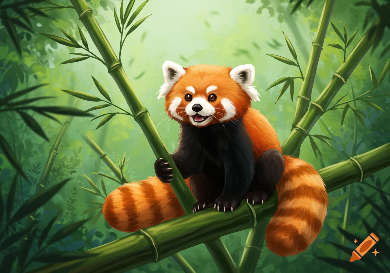 A cute red panda with orange and black fur sits on a green bamboo branch in a lush forest.