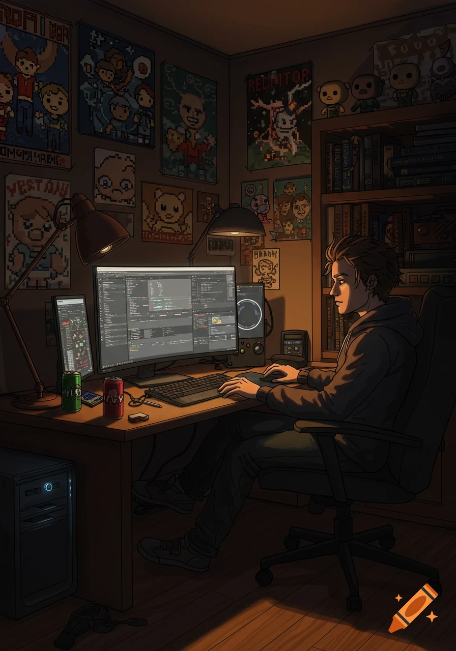 Illustrated scene of a young man sitting at a computer desk in a dimly lit room, surrounded by pixel art posters and a bookshelf.