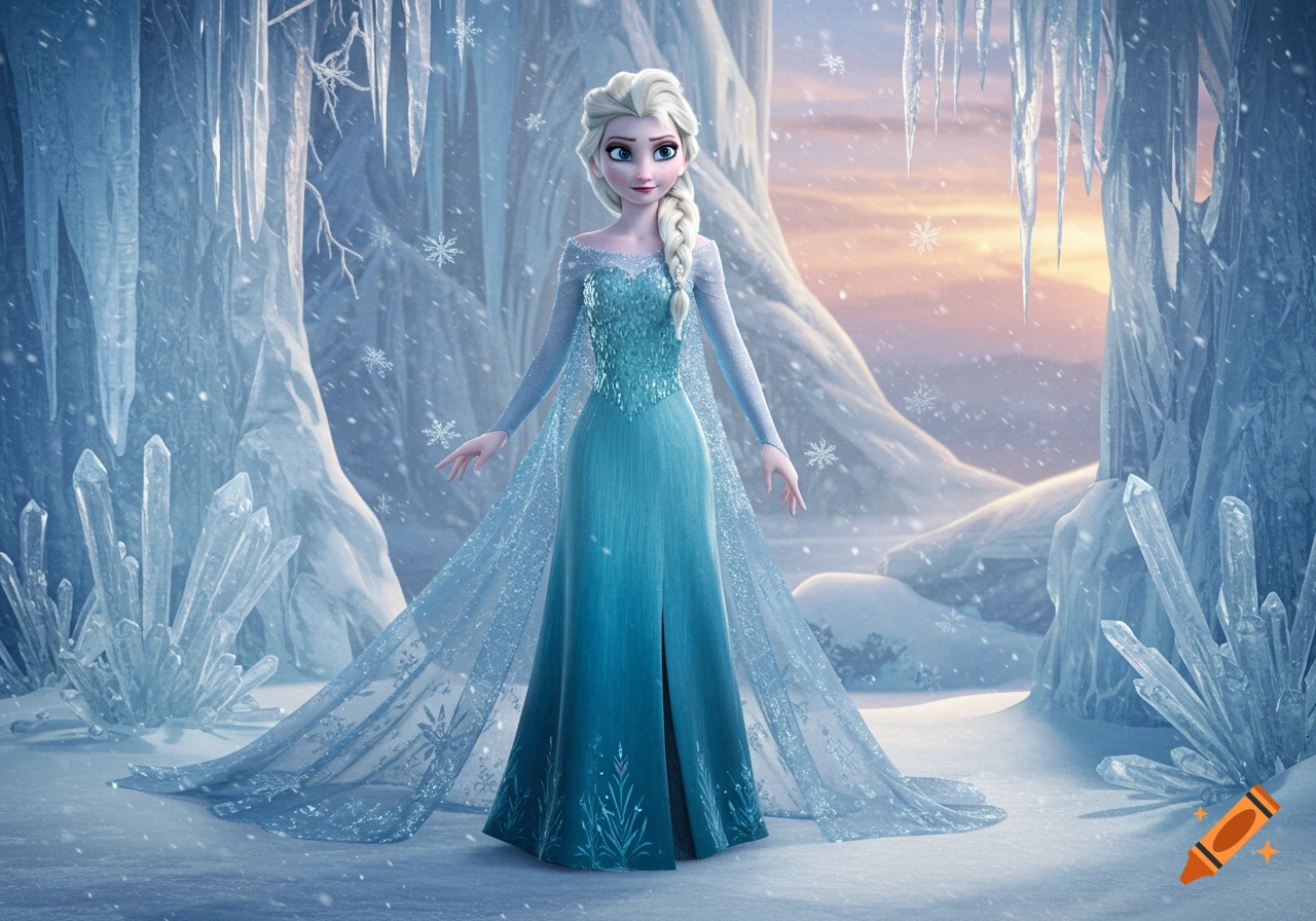 Elsa from Frozen stands in a glistening ice cave, surrounded by icicles and crystal formations, with snowflakes falling.