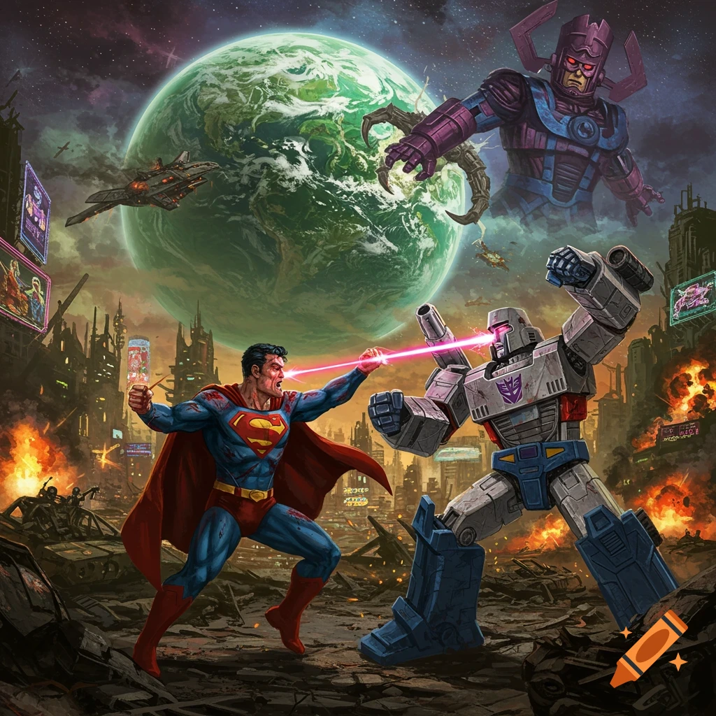 Superman and Megatron battle in a ruined city as Galactus looms over a green planet in the background, in an epic painting.