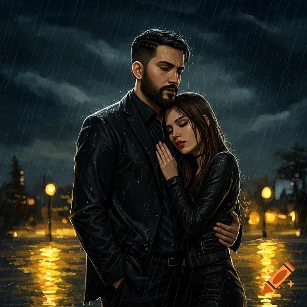 A man and woman embrace on a rainy night street, illuminated by city lights reflecting on the wet ground, in an illustrated style.