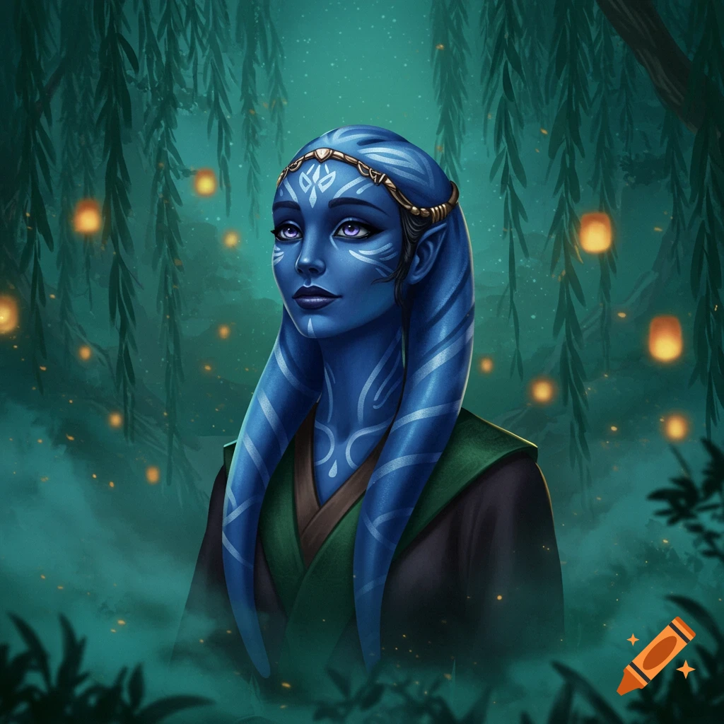 Blue-skinned Mirialan woman with purple eyes and white markings, golden headpiece, under weeping willow and glowing lanterns.