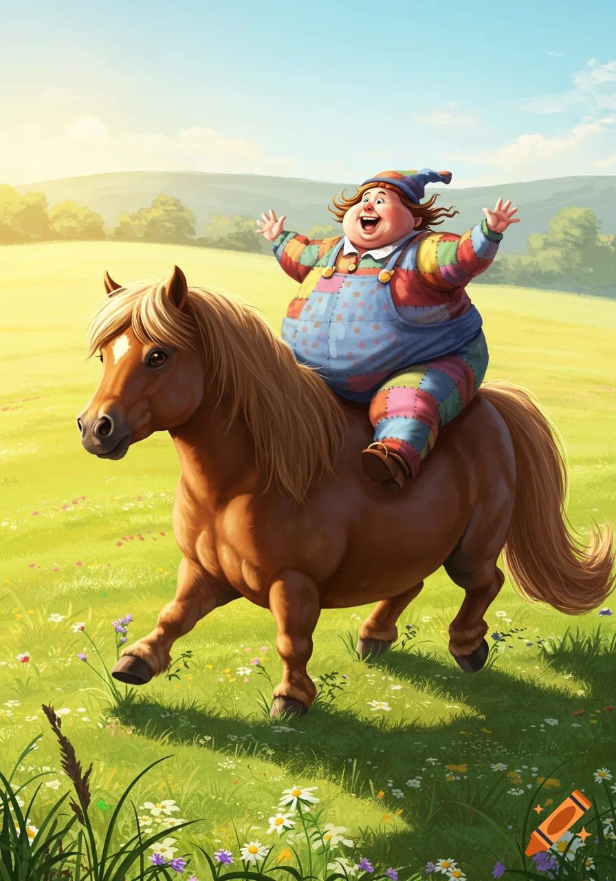 A happy, plump person in colorful patchwork overalls rides a brown pony through a sunny green meadow with flowers. Illustrated.