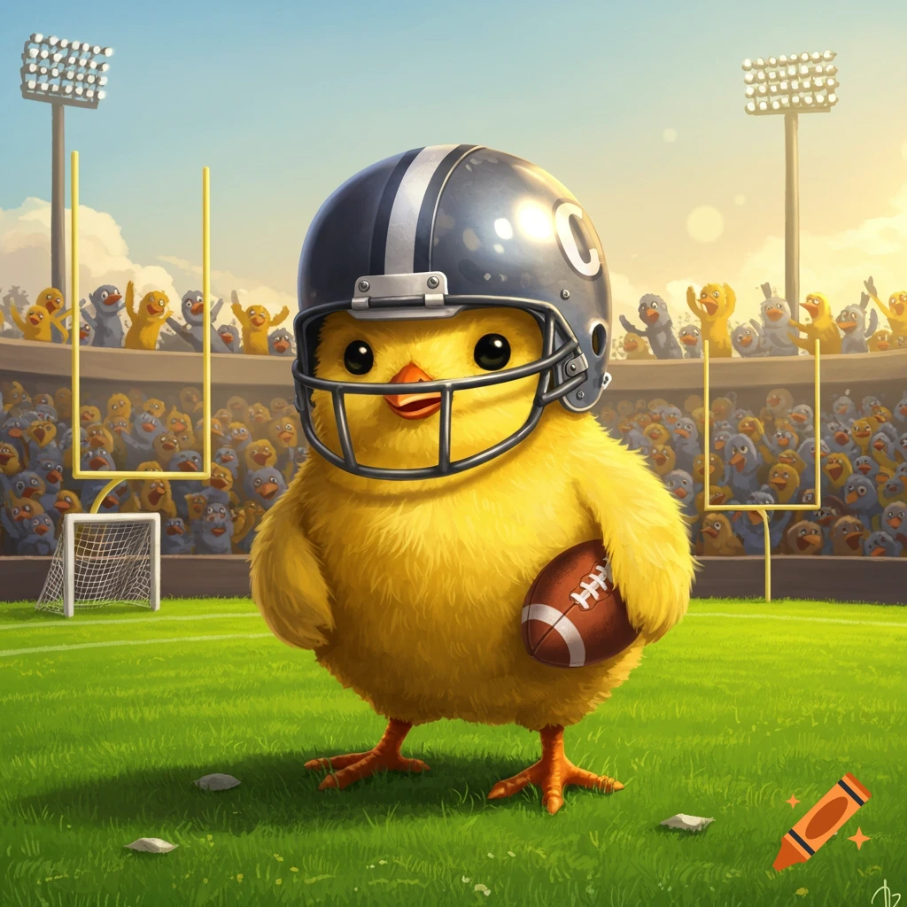 A cute cartoon chick wearing a football helmet holds a football on a green field in a stadium with a crowd.
