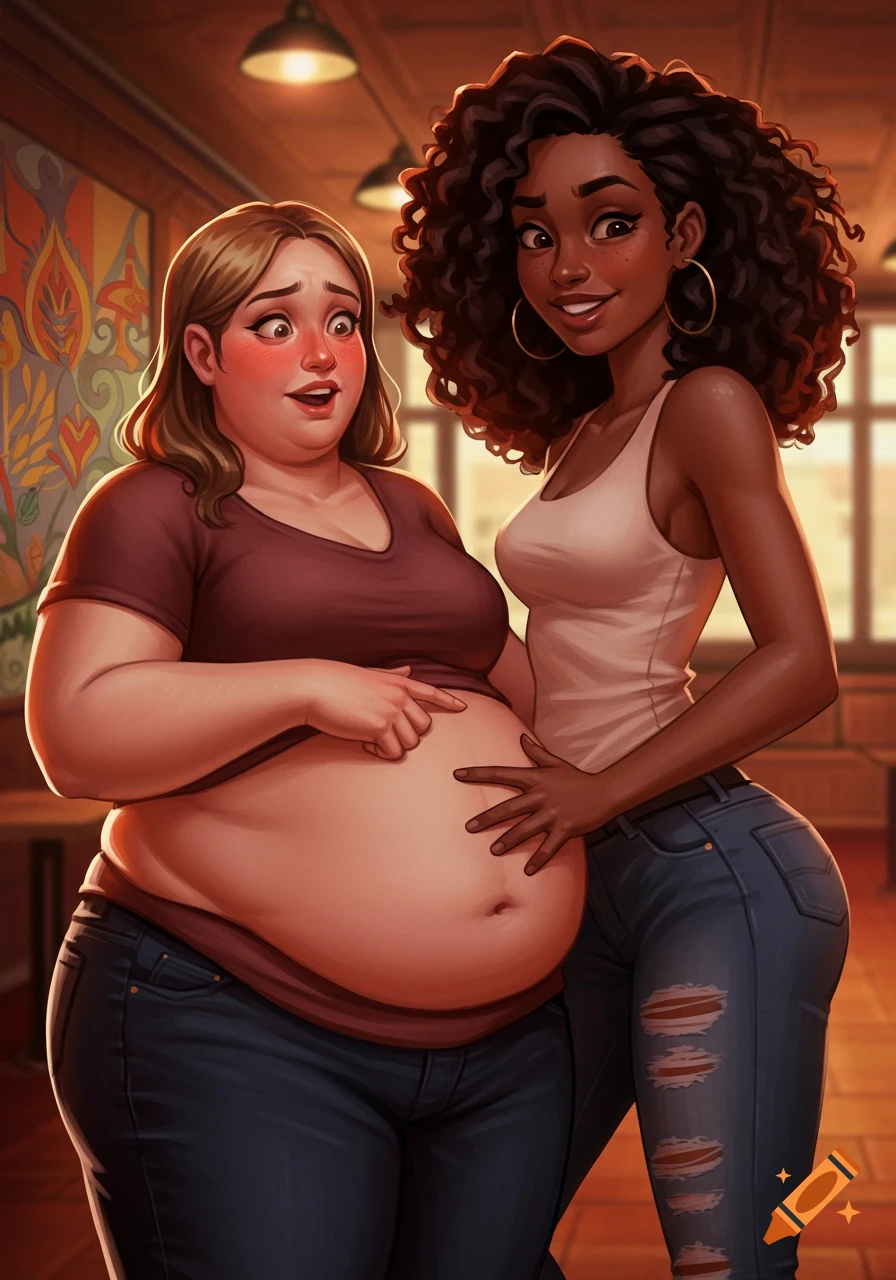 An illustrated image of a thin Black woman smiling and poking the belly of an embarrassed obese White woman.