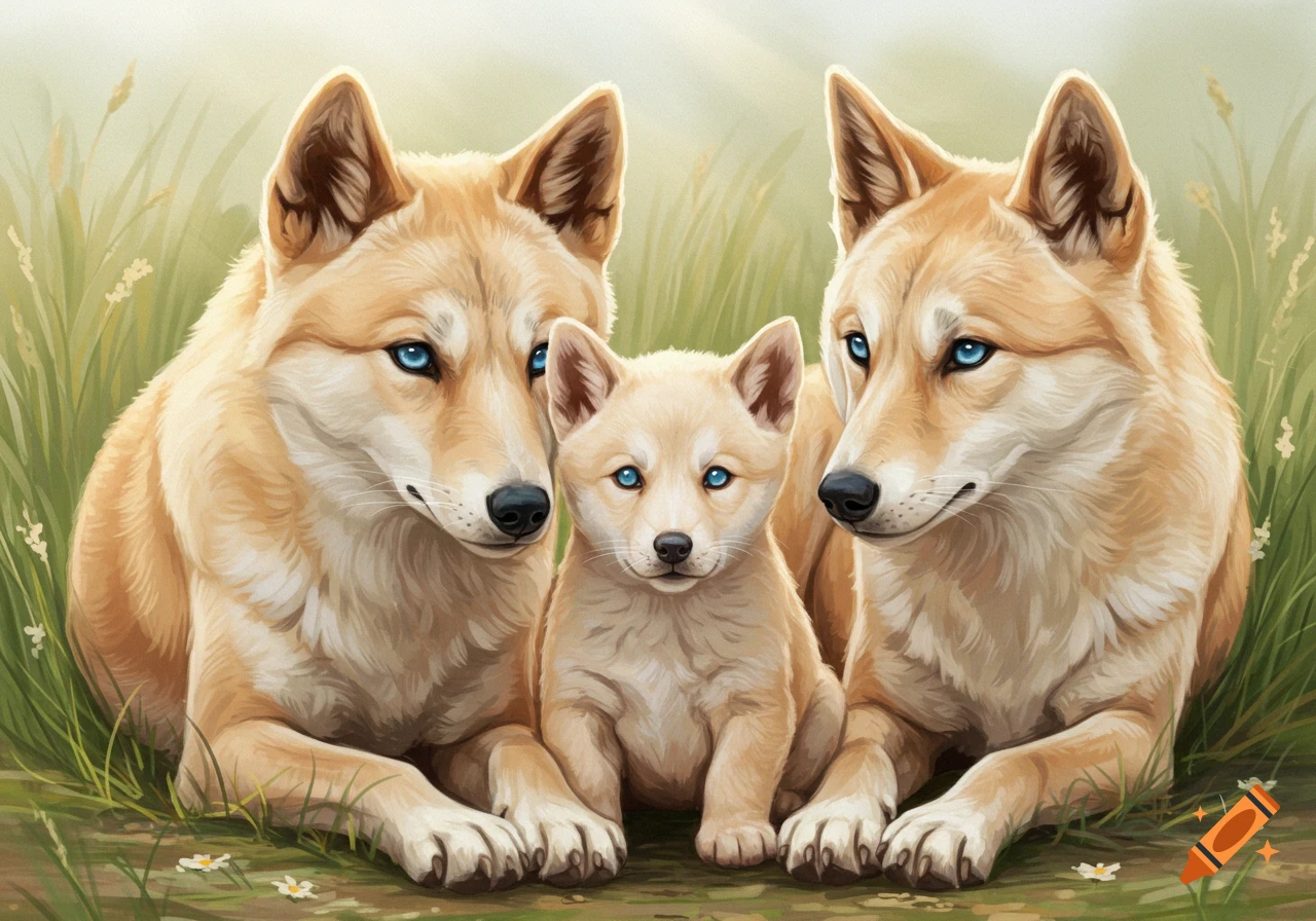 A dingo pup with vanilla blonde fur and ice blue eyes sits between two similar-looking adult dingos in a grassy field.