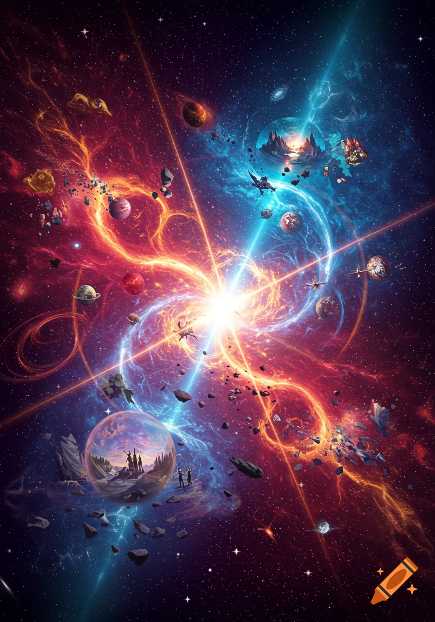 Vibrant cosmic multiverse with swirling red and blue nebulae, planets, asteroids, and floating landmasses.