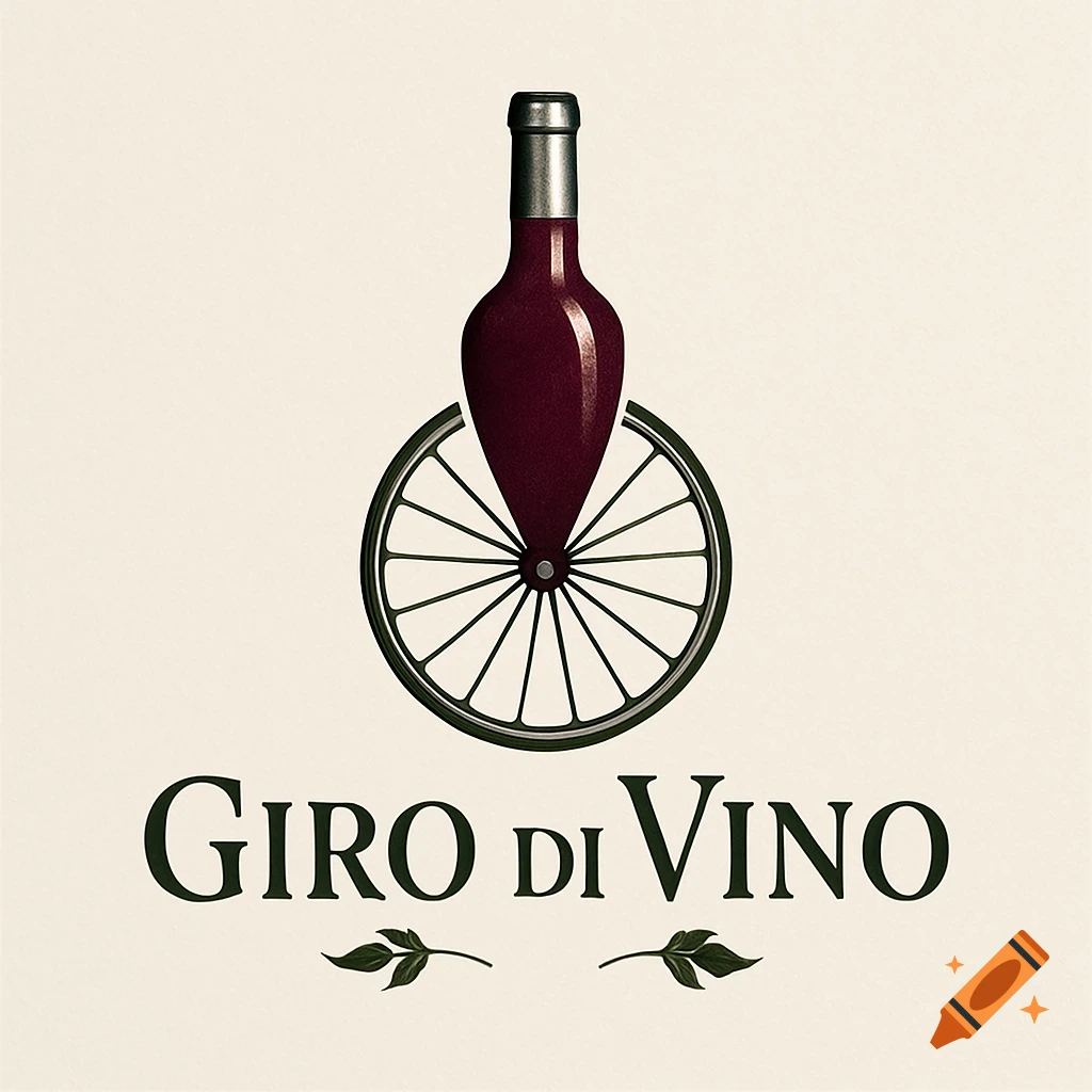 A logo featuring a dark red wine bottle as the hub of a bicycle wheel, with the text 'Giro di Vino' and two small leaves below.