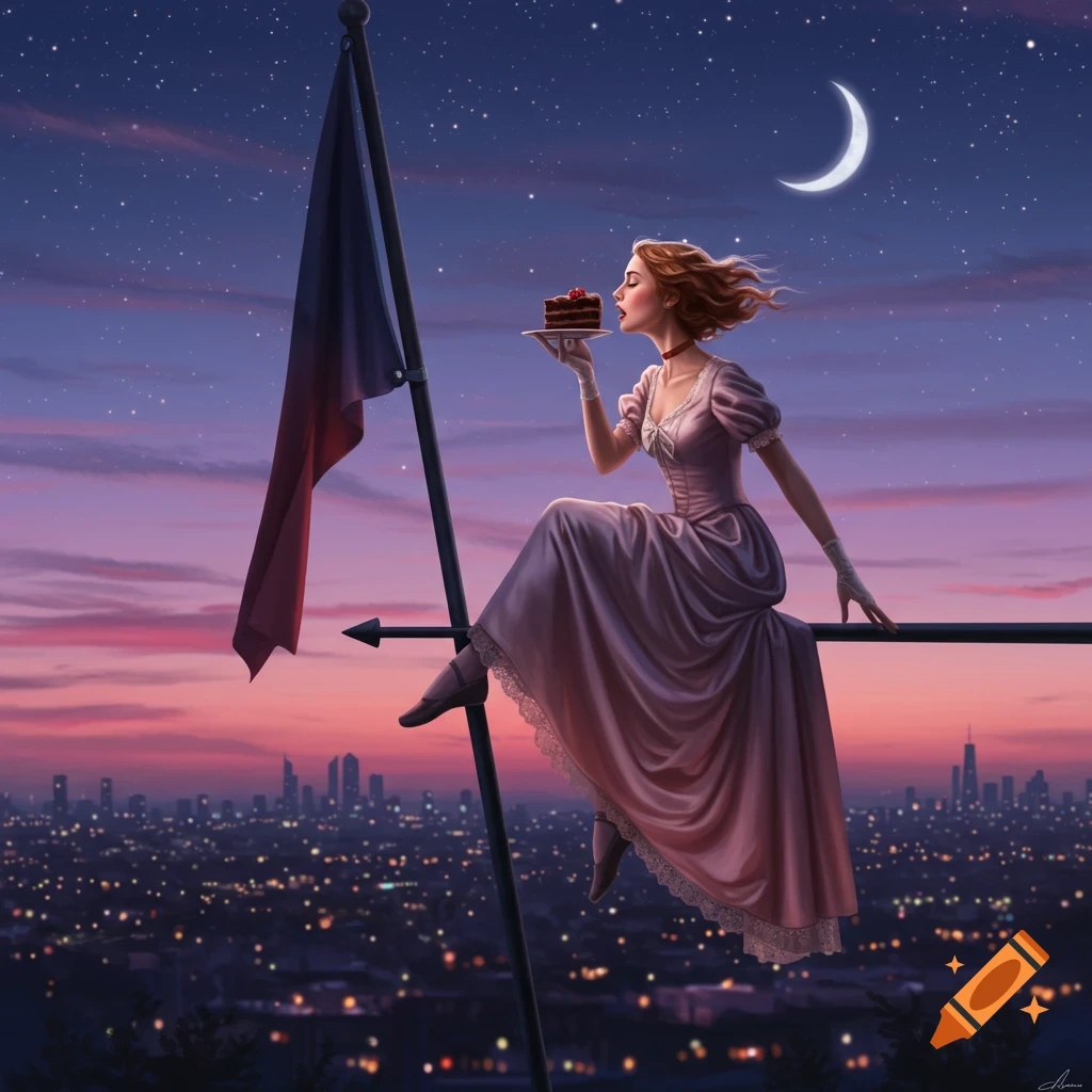 A woman in a pink dress sits on a flagpole above a city at night, eating cake under a crescent moon.