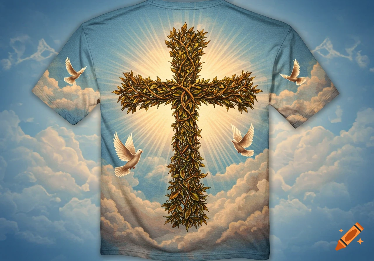 A t-shirt design showing a cross made of green leaves and branches, with bright light rays behind it, surrounded by white doves in a cloudy blue sky.