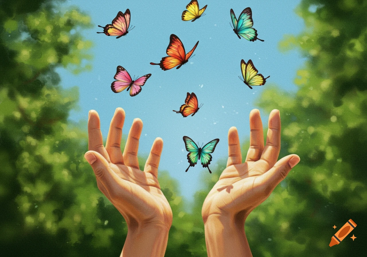 Two hands reach up towards a bright blue sky, releasing colorful butterflies amidst green foliage in a painterly style.